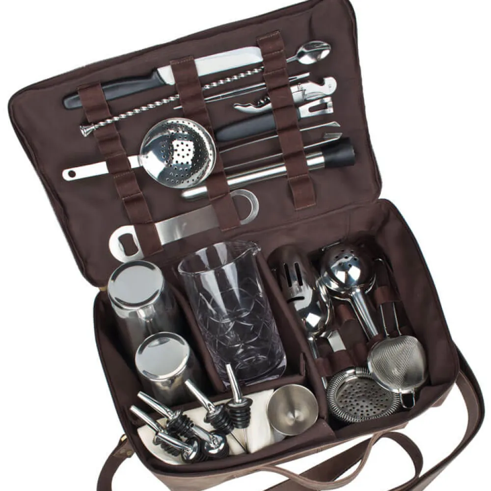 Barstuff Bartasche aus Leder, braun, Prime Bar - mit Barzubehör (Tin in Tin)
