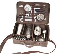 Barstuff Bartasche aus Leder, braun, Prime Bar - mit Barzubehör (Deluxe)