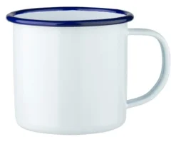 Barstuff Emaille-Becher mit Henkel, weiß mit blauem Rand - 360ml