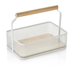 Barstuff Table Caddy / Metall Korb mit Holzgriff, 23,5x15,6x7,5cm - weiß