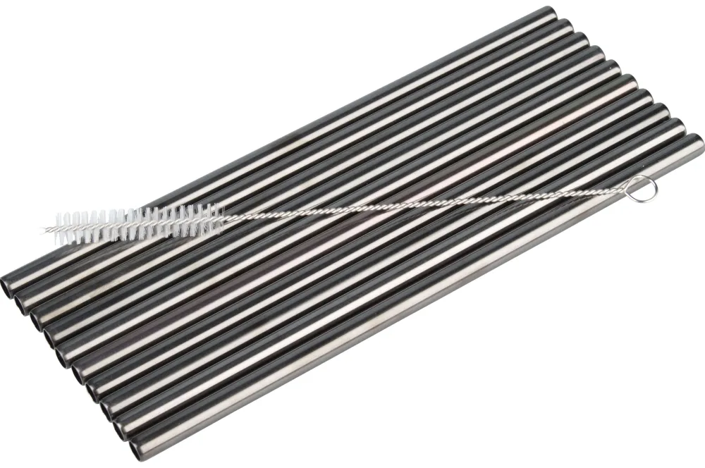 Barstuff Trinkhalme, Edelstahl (8x215mm), schwarz GMB - 10 Stk.-Set mit Reinigungsbürste