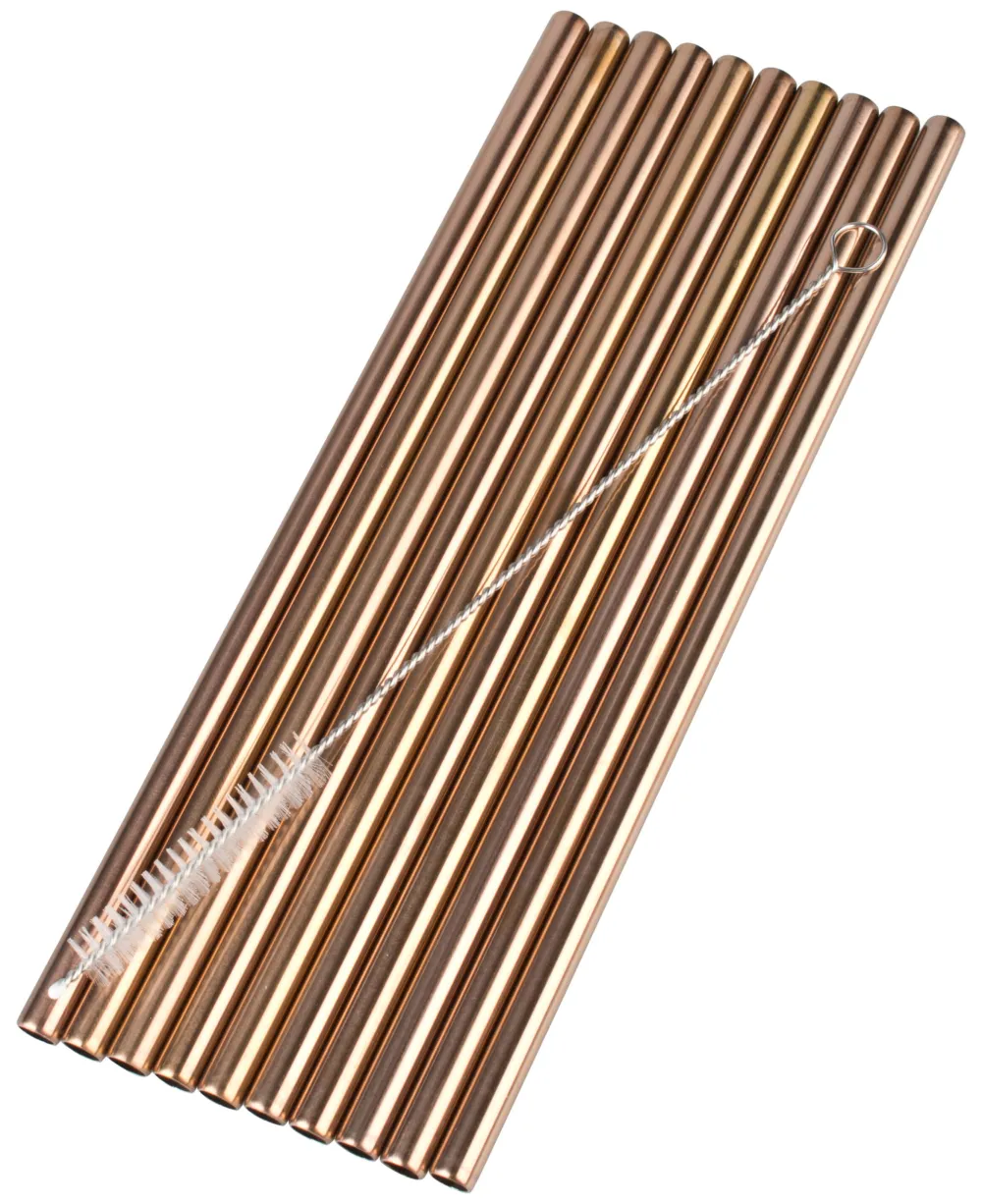 Barstuff Trinkhalme, Edelstahl (8x215mm), kupferfarben - 10 Stk.-Set mit Reinigungsbürste