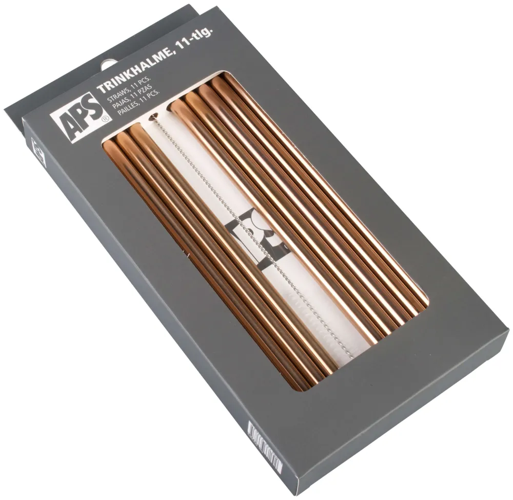 Barstuff Trinkhalme, Edelstahl (8x215mm), kupferfarben - 10 Stk.-Set mit Reinigungsbürste
