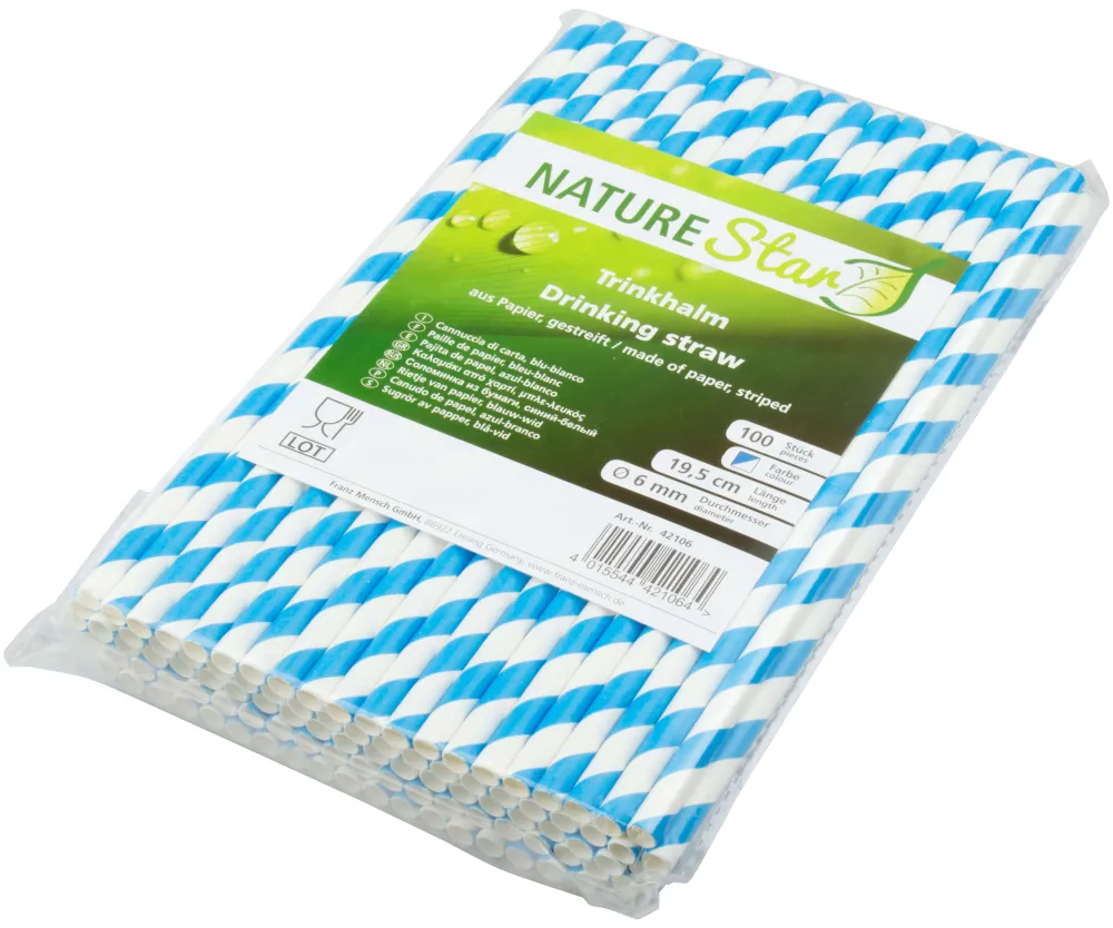Barstuff Trinkhalme, Papier (6x195mm) - blau-weiß gestreift (100 Stk.)