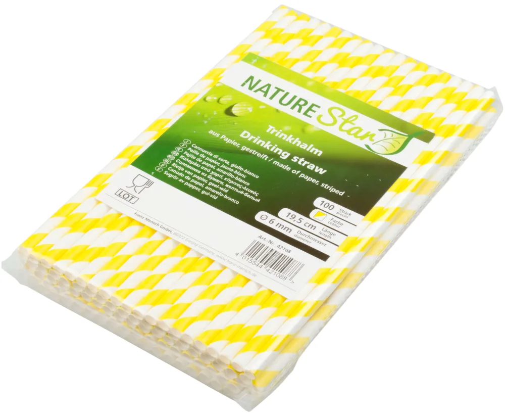 Barstuff Trinkhalme, Papier (6x195mm), Streifen (gelb-weiß) - 100 Stk.